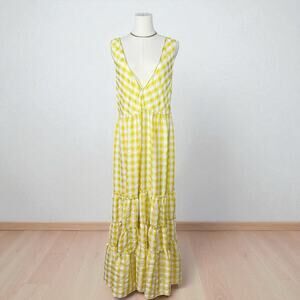 Free People Maxi Dress | Yellow Gingham Tiered Ruffle Boho Summer Dress | Large